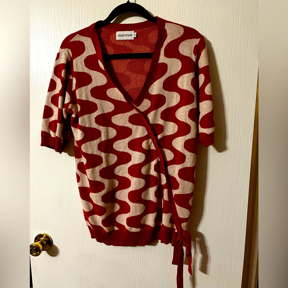 Oxknit retro faux wrap short sleeve sweater